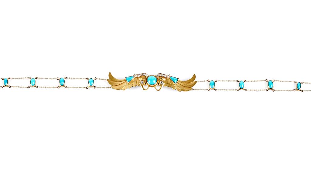 A Victorian Egyptian Revival choker necklace set with turquoise cabochons and diamonds Victorian Egyptian Revival turquoise and diamond choker necklace