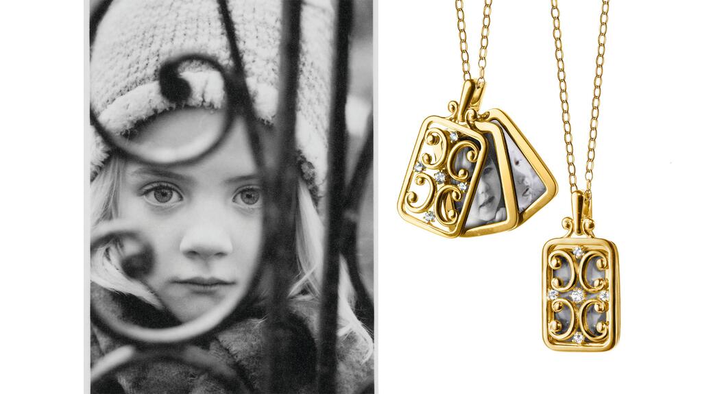On the left is the portrait Kosann took that inspired her “Gate” lockets, seen right. Monica Rich Kosann Gate Photo and Locket