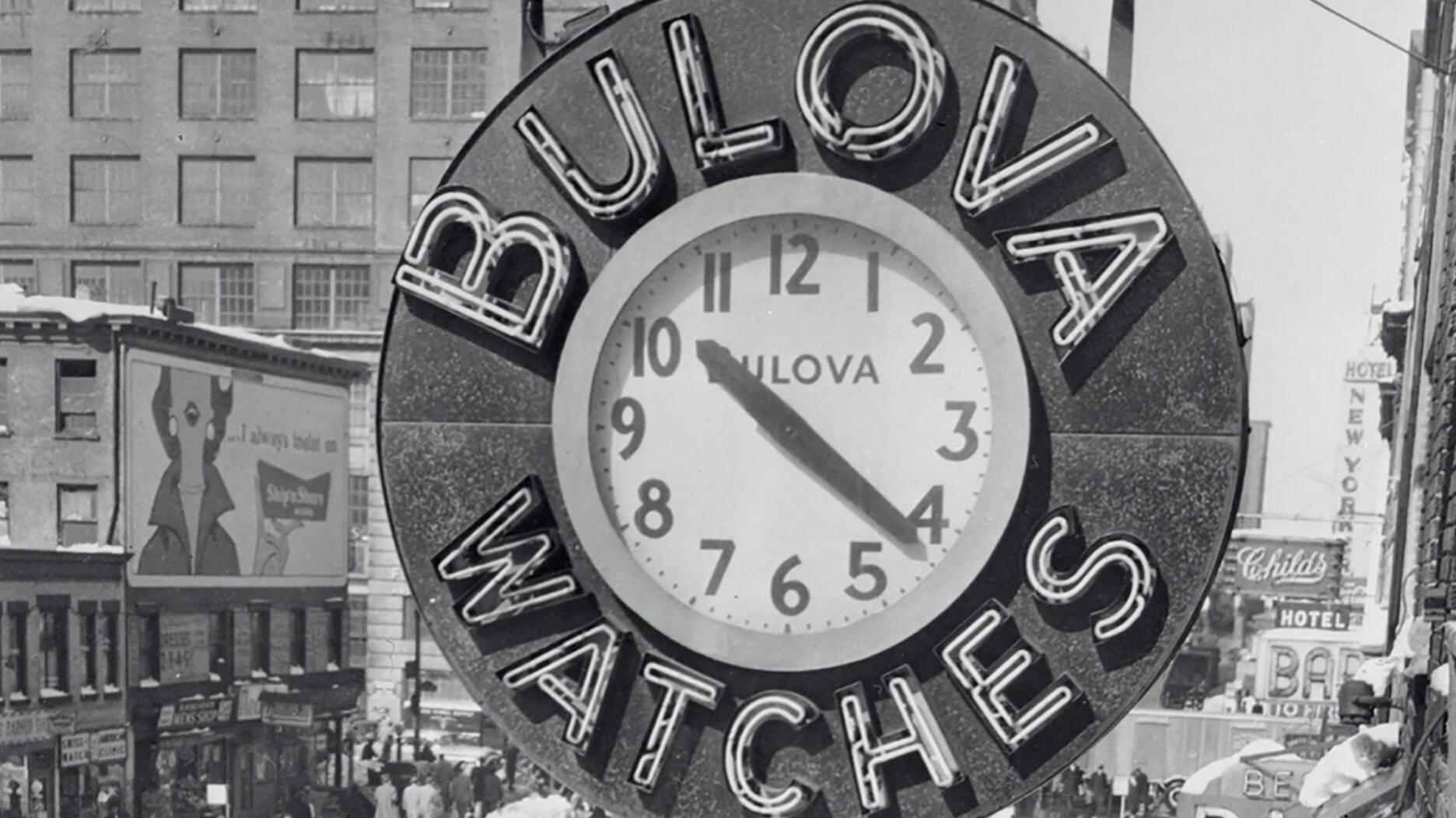 Black and white image of Bulova clock