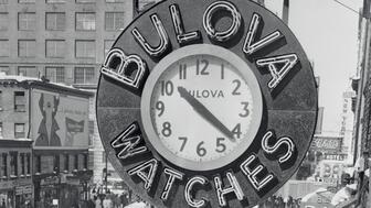 Black and white image of Bulova clock