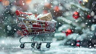 Stock image of mini shopping cart with gifts