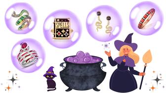 Cartoon witch and black cat with cauldron and jewelry in bubbles