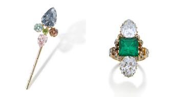 Tsar Ferdinand I Bulgaria colored diamond pin and emerald diamond ring
