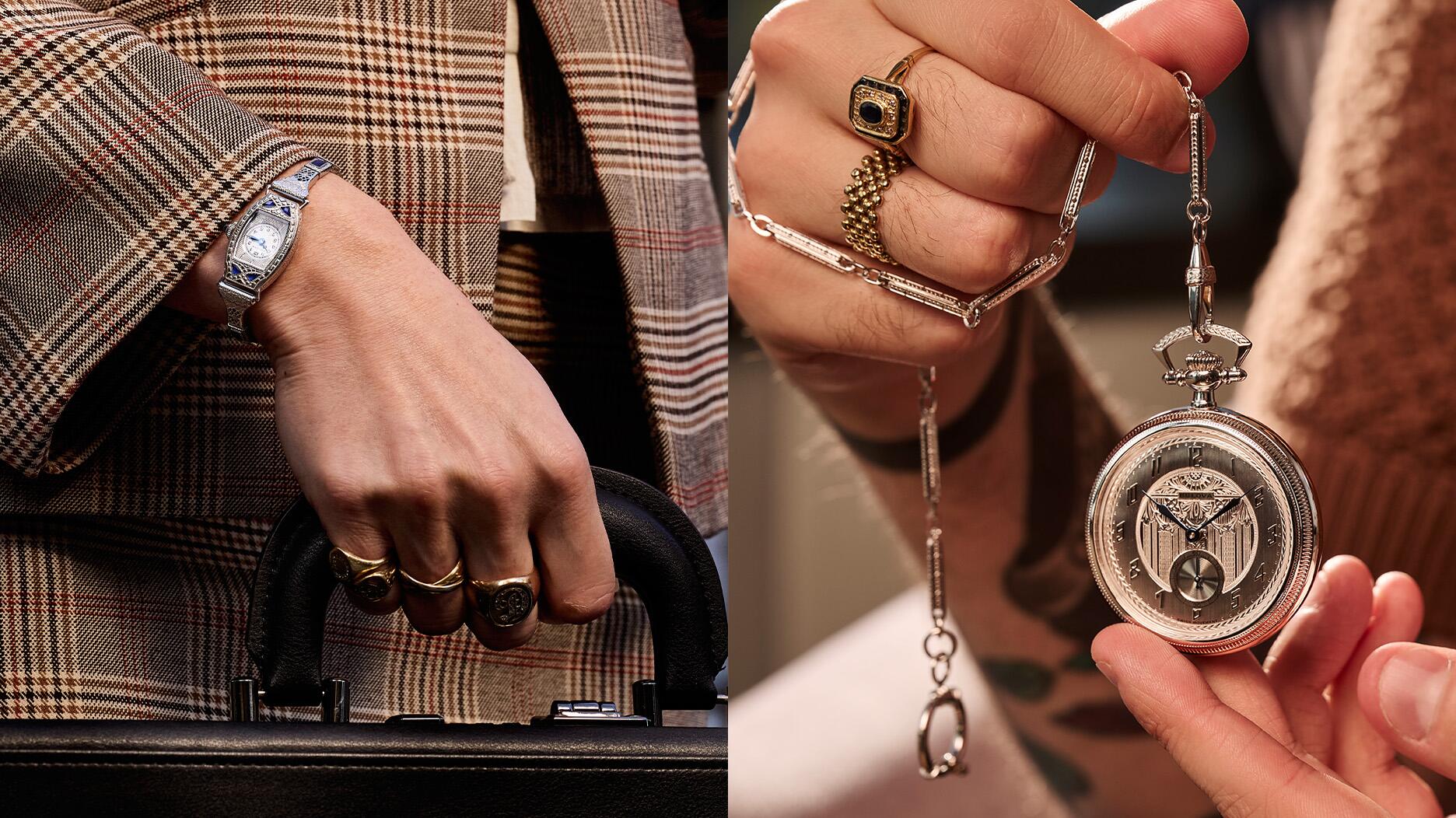On the left is Bulova’s “150 Art Deco Miss America” timepiece with a silver-toned stainless steel case set with deep blue lab-grown sapphires ($1,950), and on the right is the “150 Art Deco” pocket watch with a sterling silver dial, central engravings, and blue hands ($2,950). Bulova 150 Art Deco Miss America Watch, 150 Art Deco Pocket Watch