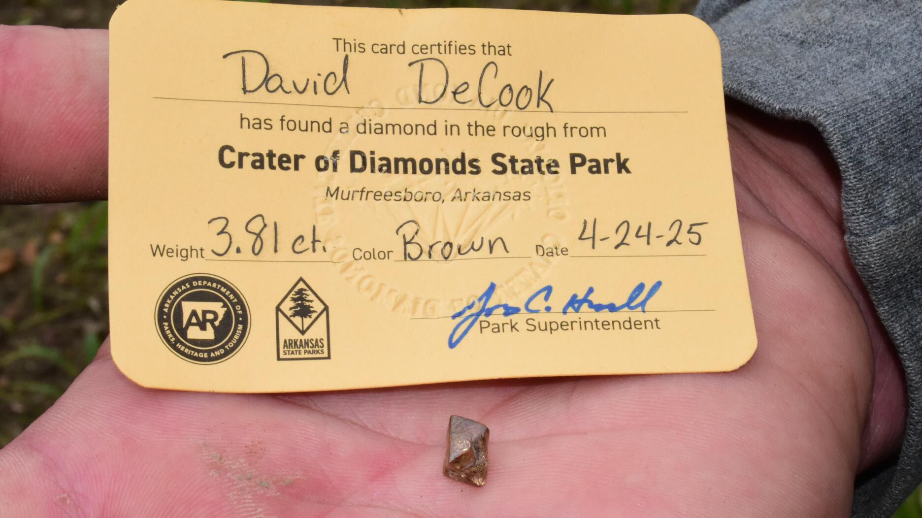 David DeCook Crater of Diamonds State Park 3.81-carat brown Duke Diamond 