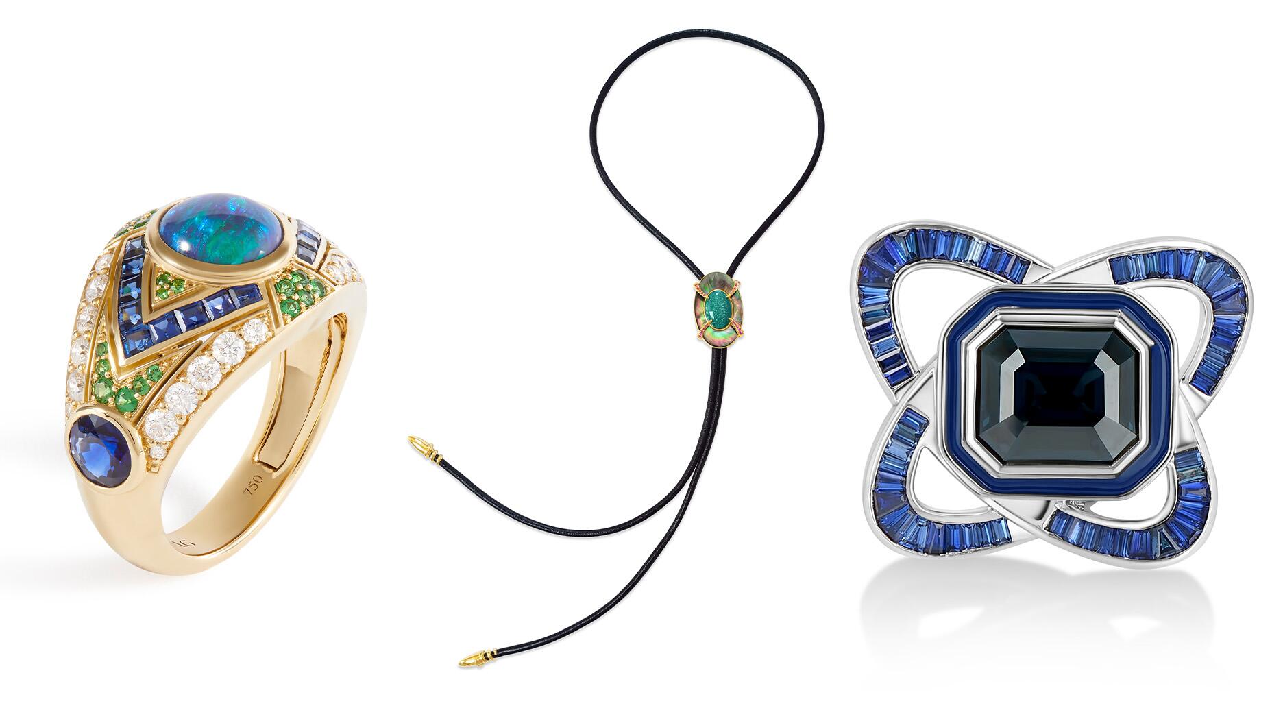  Laura Gallon Joaillerie “Dynasty” ring, Bijules “Compass” bolo tie, Löf “The Orbitalis” ring